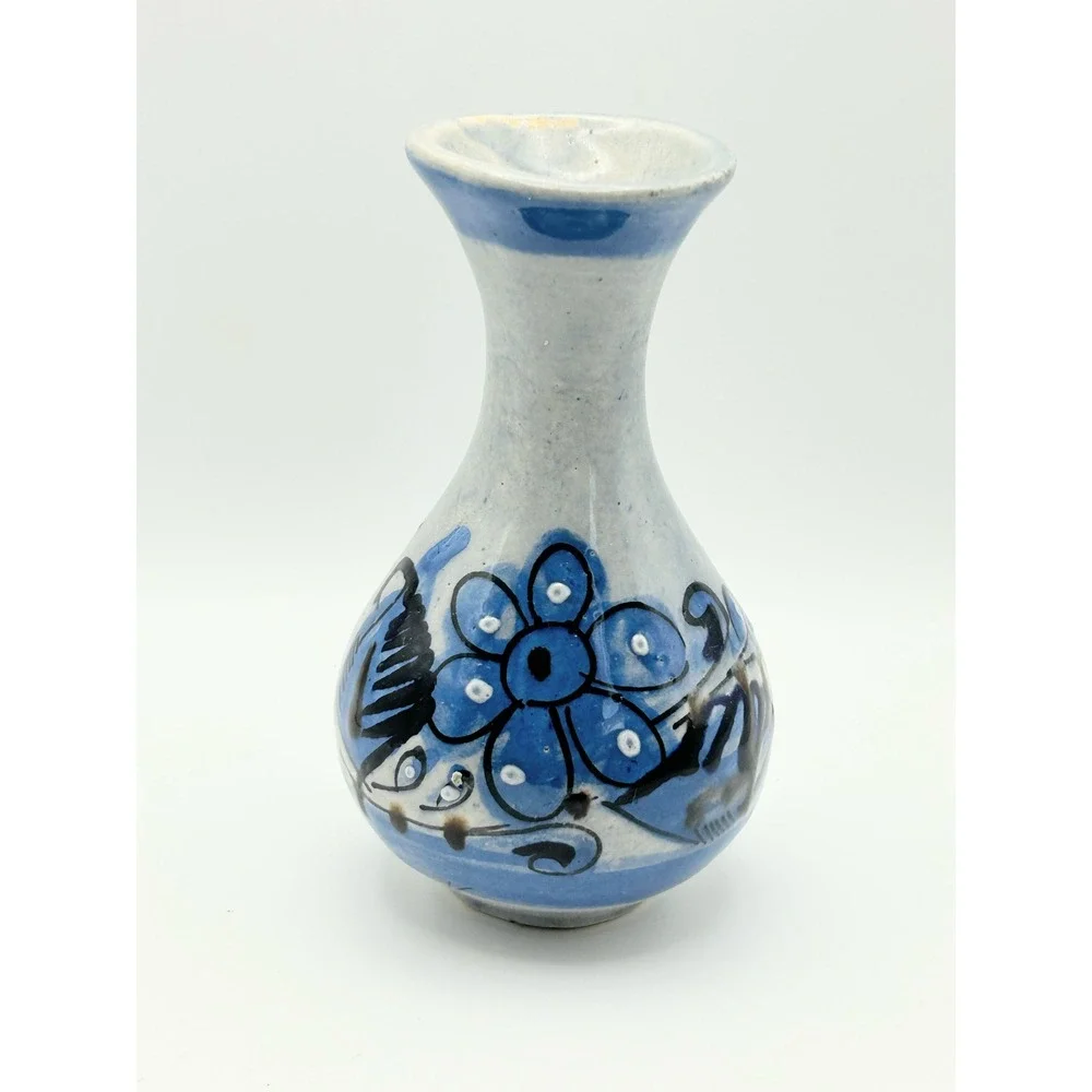 Vintage Tonala Mexico Hand Painted Pottery Bud Vase Blue Bird Floral Signed 5